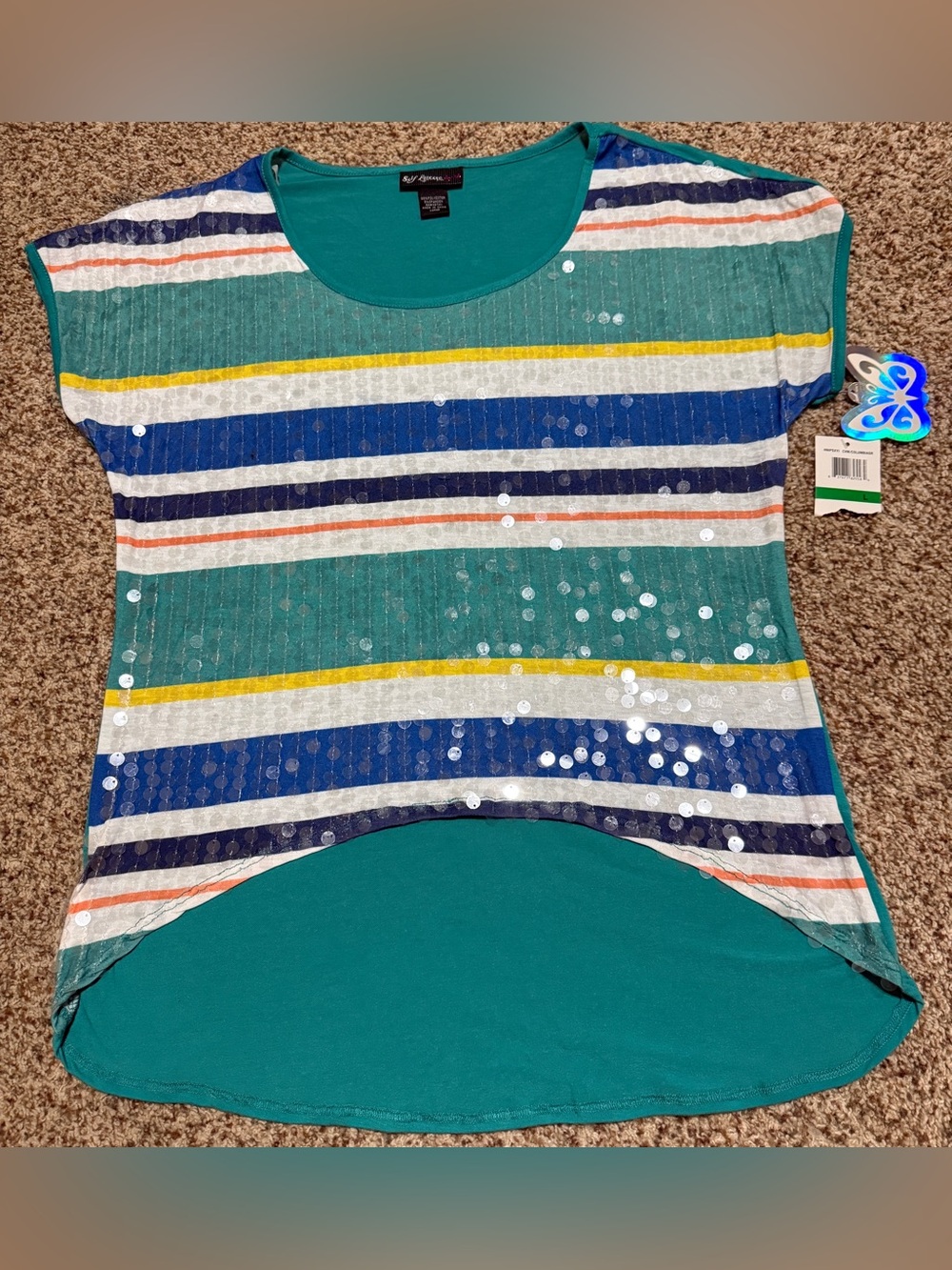 Self Esteem Striped Sequin Short Sleeve Blouse Top Womens L NWT